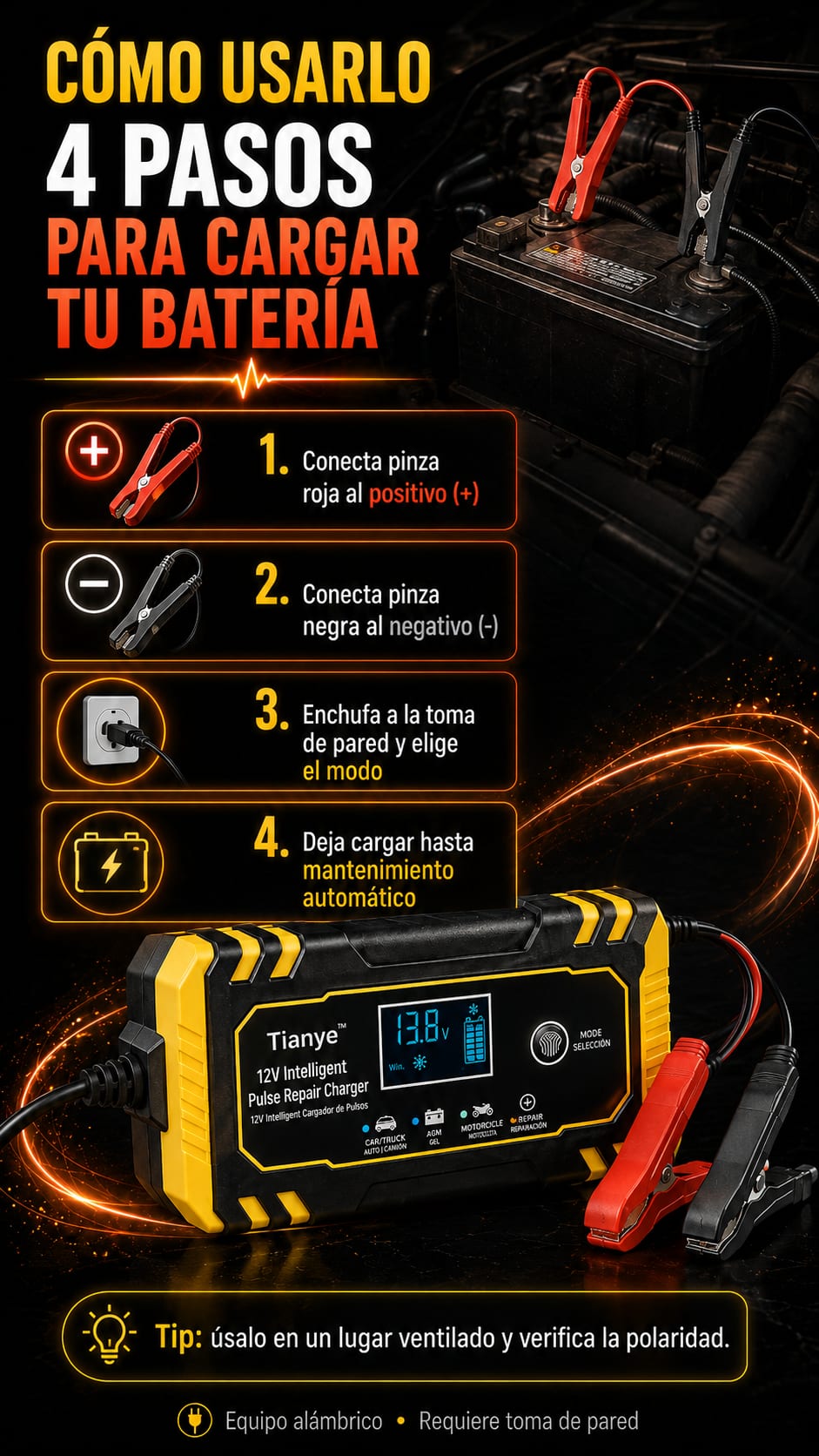 Cargador de Baterías 12V Tianye en uso