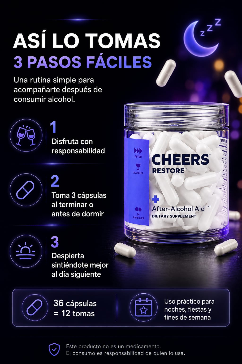 Cheers Restore After-Alcohol Aid en uso
