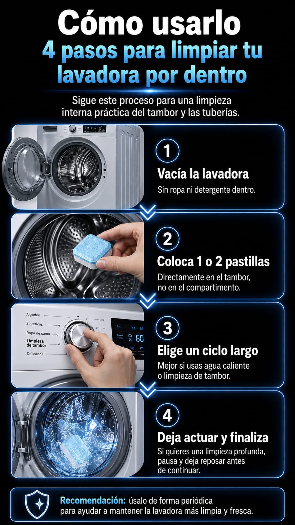 Pastillas Efervescentes Limpia Lavadoras en uso