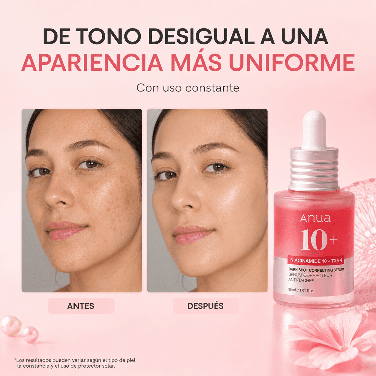 De tono desigual a una apariencia mas uniforme con el uso constante del serum Anua. Imagen ilustrativa.