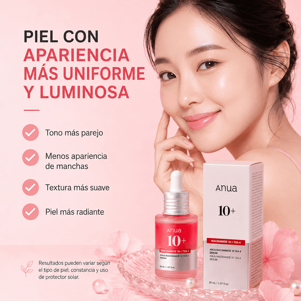 Beneficios del serum Anua: tono mas parejo, luminosidad y apariencia de poros minimizada.